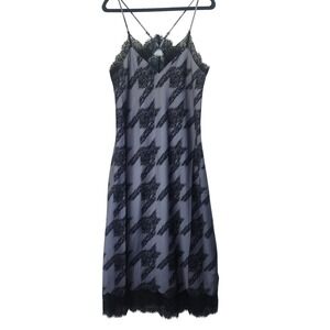 AllSaints Black Lace-Trim Houndstooth Slip Midi Dress